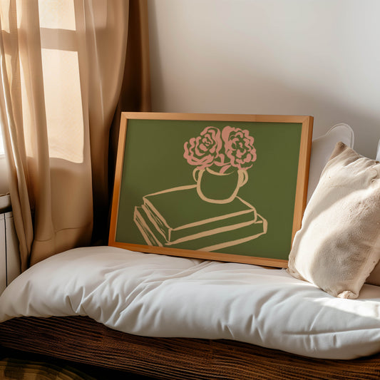Pink Flowers & Books Art Print