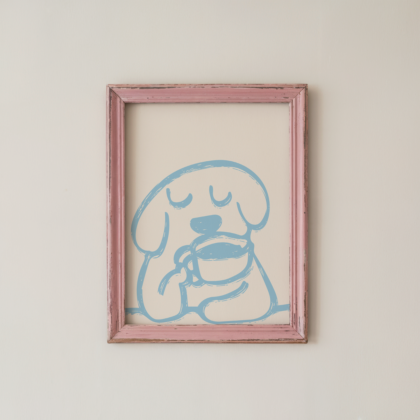 Dog Coffee Wall Art Minimal Blue Line Print
