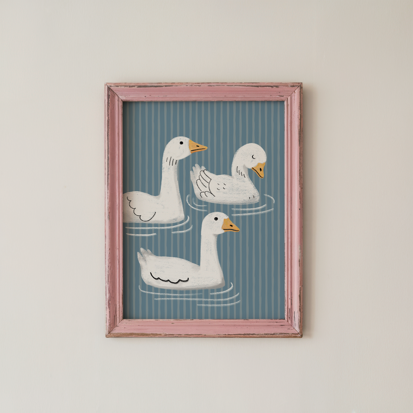 Goose Wall Art Print, Blue Striped Bathroom Decor