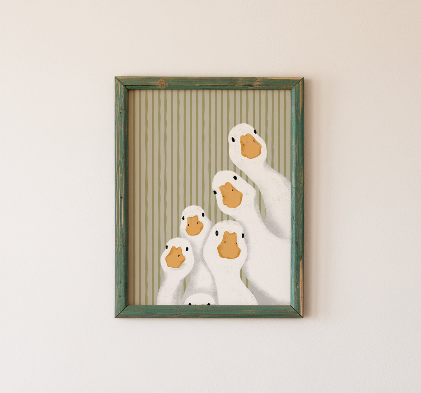 Cute Goose Family Wall Art Print Sage Green Striped Nursery Decor