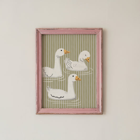 Cute Goose Wall Art Print Sage Green Stripes Whimsical Animal Decor