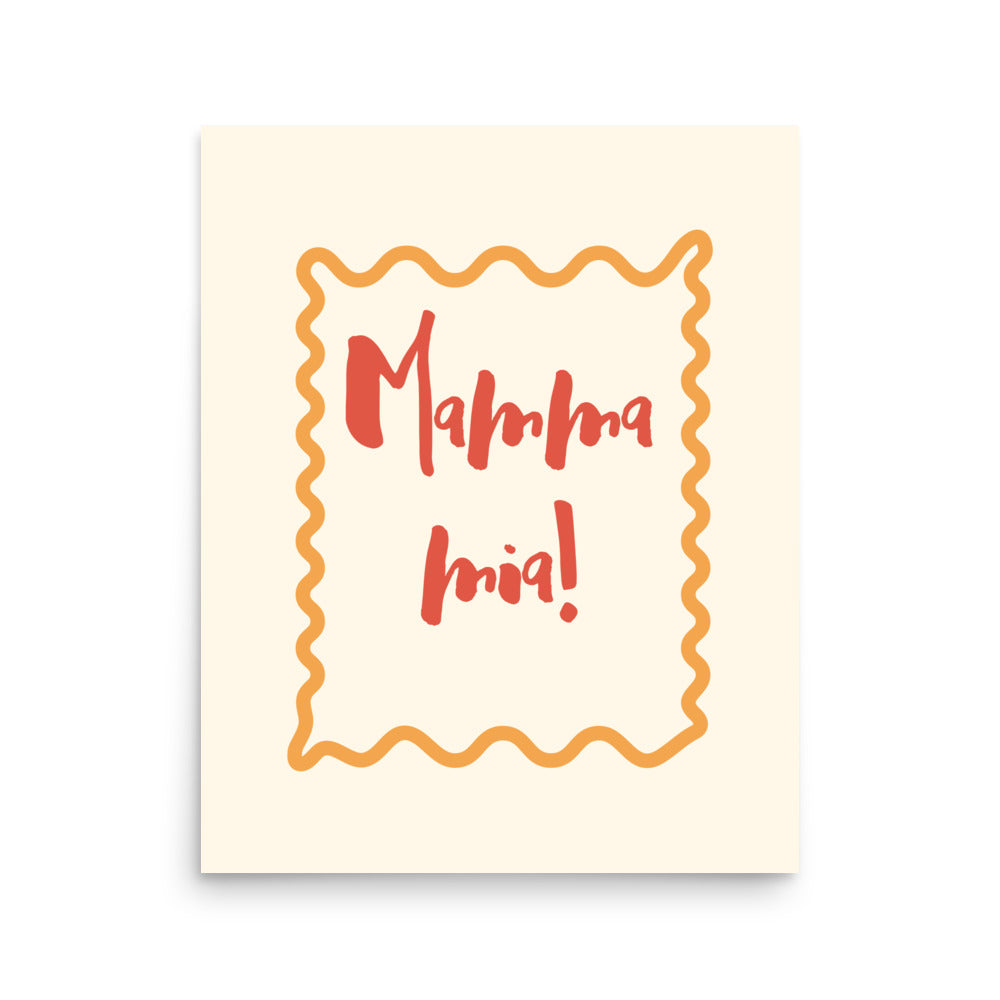 Mamma mia Italian typography poster with cream background and orange border