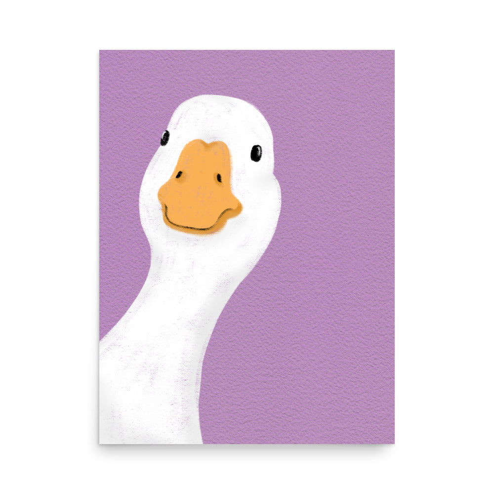 Minimalist duck poster wall art on lilac background, modern playful print