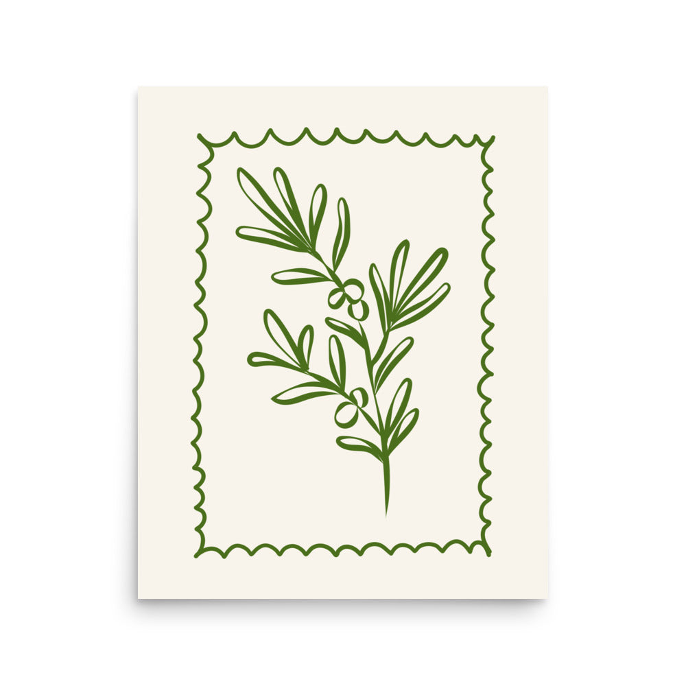 Minimalist olive branch poster with green botanical illustration on cream background