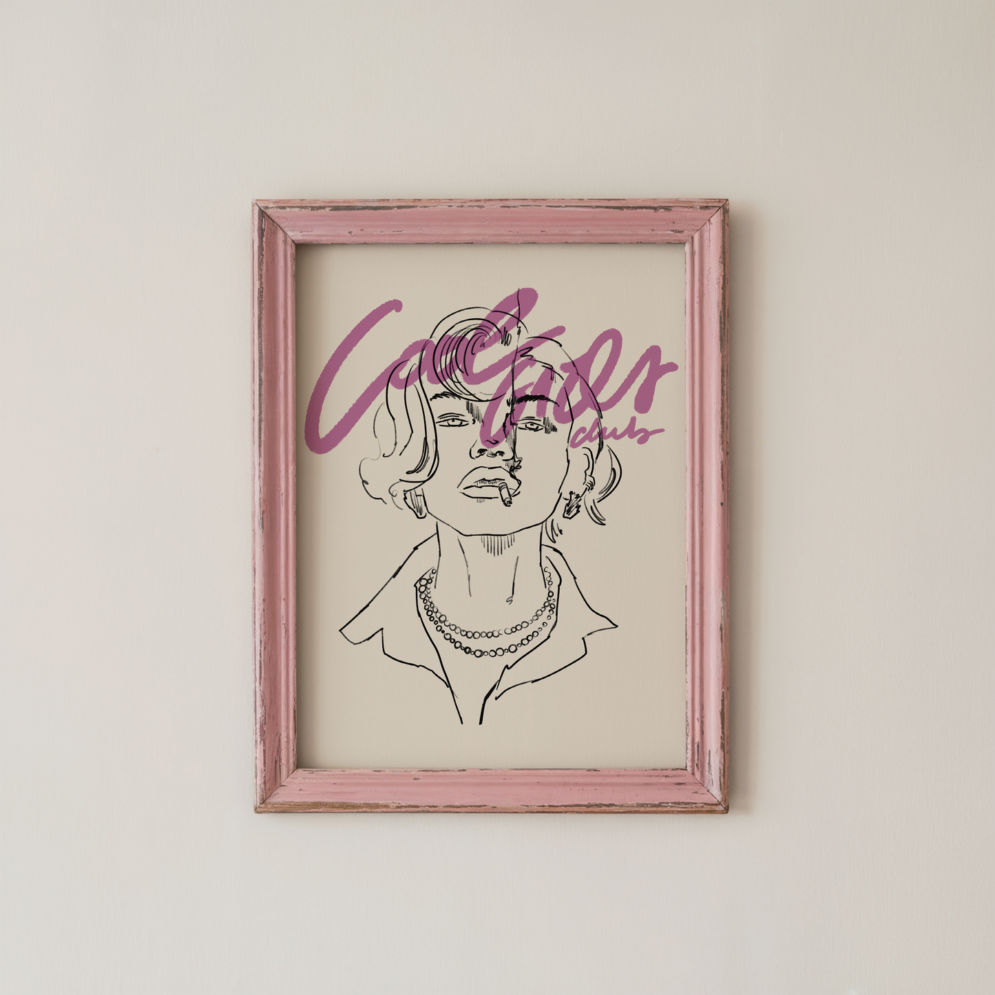 Female Line Art Poster Minimalist Pink Script Portrait