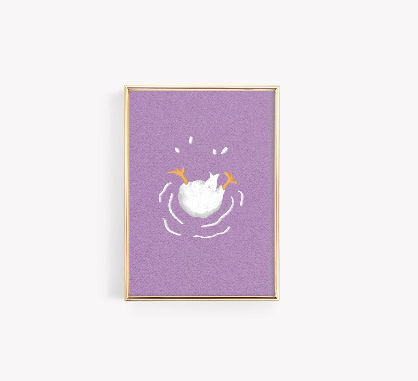 Playful goose poster on pastel purple background with an upside-down goose floating, fun wall art print