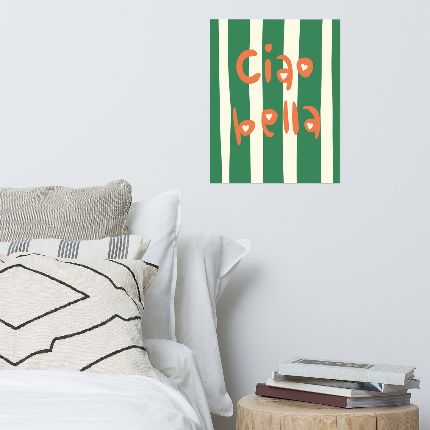 Ciao Bella poster – Italian greeting wall art with orange handwritten text and hearts on green and cream striped background