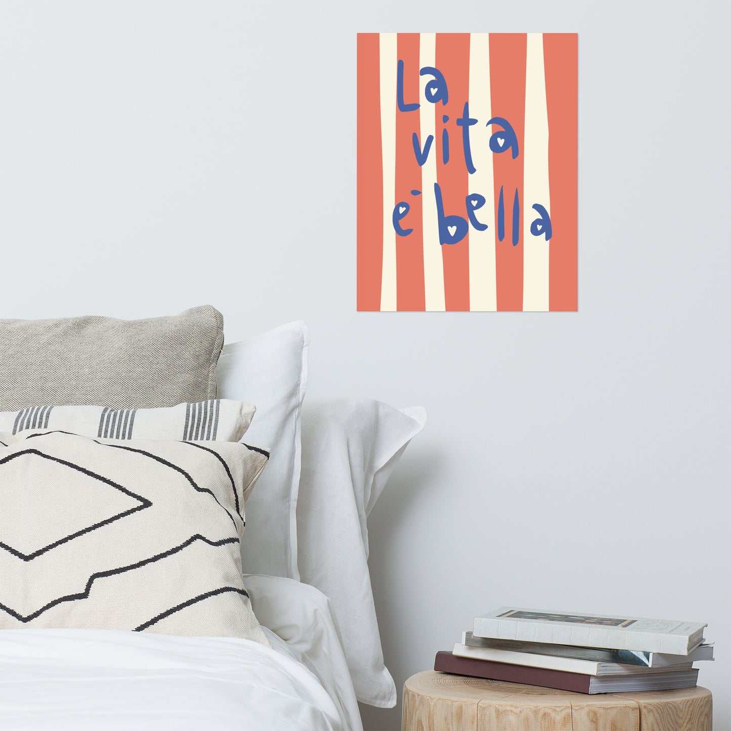 La Vita è Bella poster – Italian quote wall art with blue handwritten text and hearts on orange and cream striped background