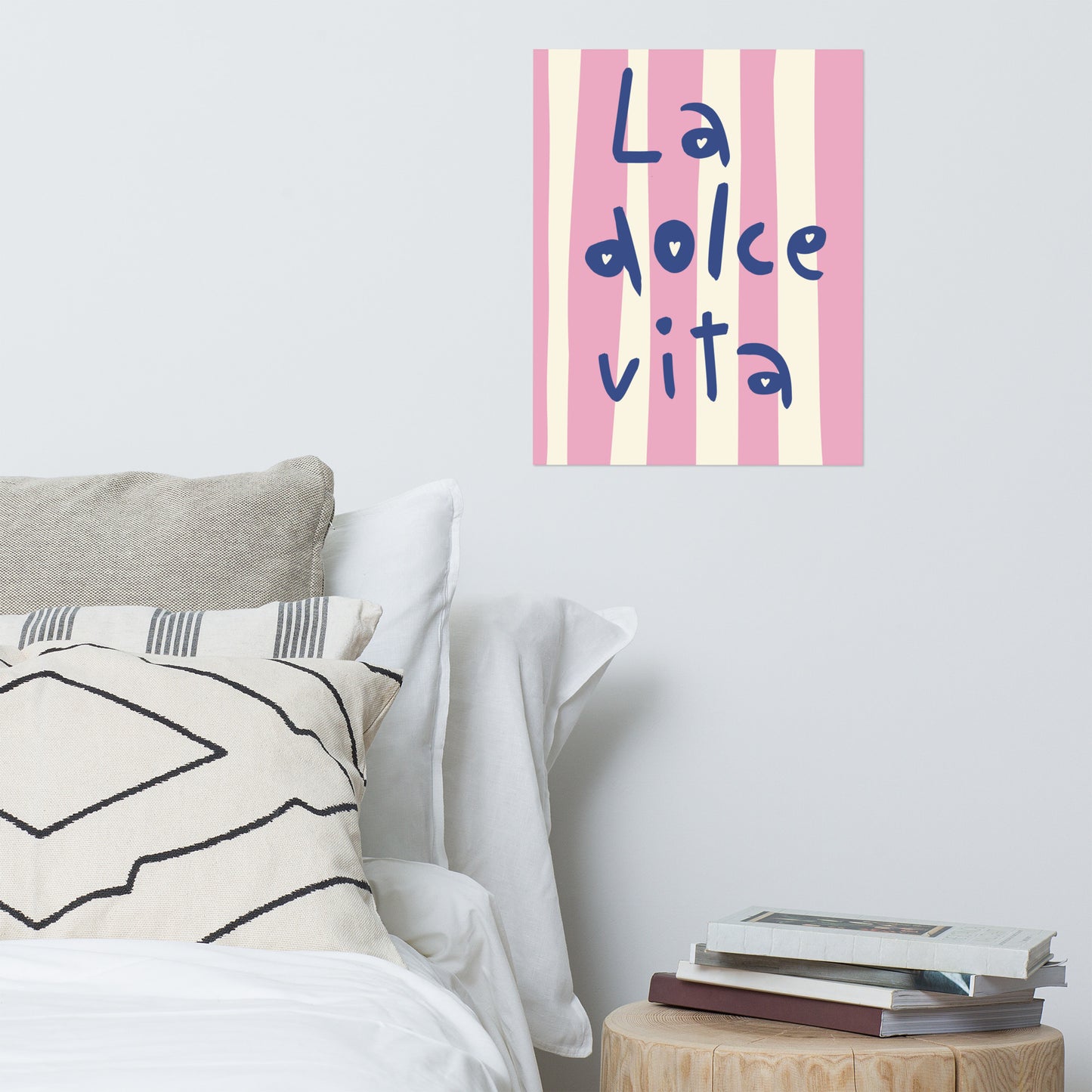 La Dolce Vita poster – Italian lifestyle wall art with blue handwritten text and hearts on pink and cream striped background