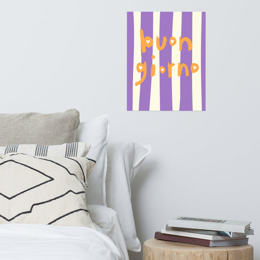 Buon Giorno poster – Italian good morning wall art with orange handwritten text and hearts on purple and cream striped background