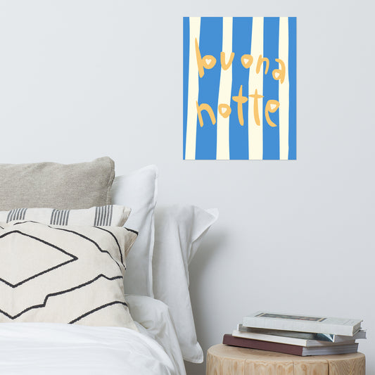 Buona Notte poster – Italian good night wall art with yellow handwritten text and hearts on blue and white striped background