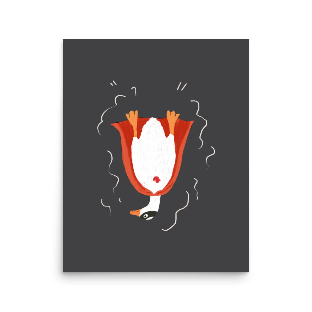 Funny superhero duck poster – upside down duck in red cape illustration, quirky wall art print