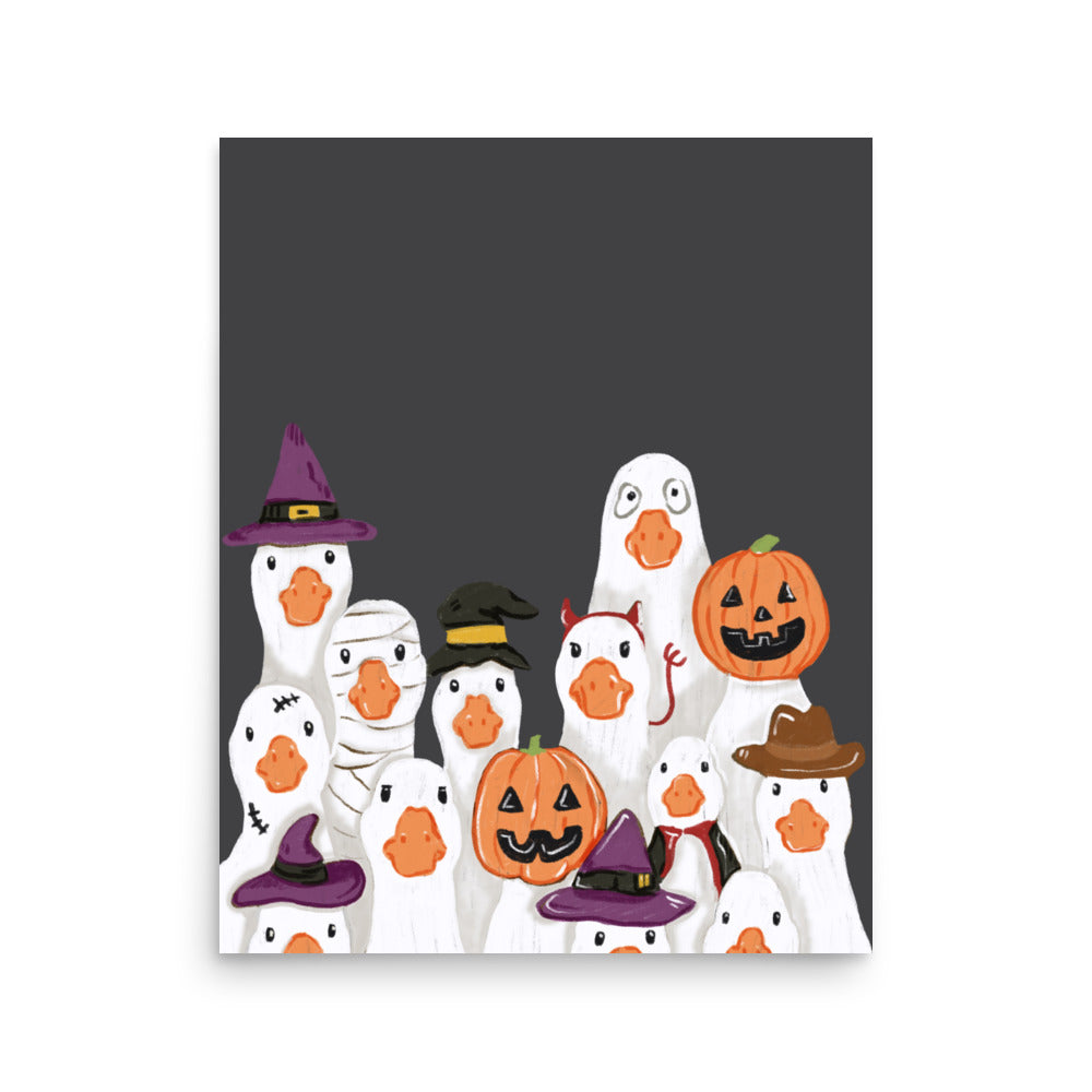 Halloween goose party poster – group of funny geese in costumes (witch, mummy, pumpkin, devil) illustration, quirky wall art print