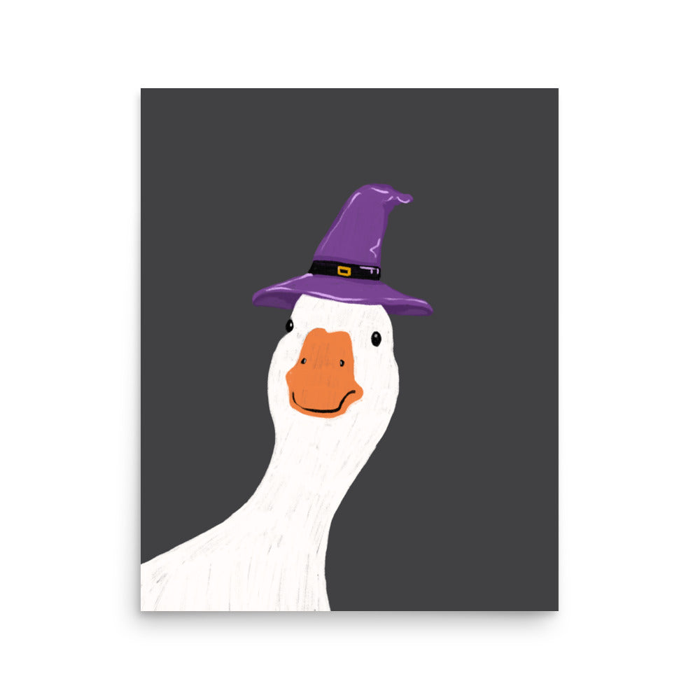 Funny witch goose poster – white goose in purple witch hat illustration, quirky Halloween wall art