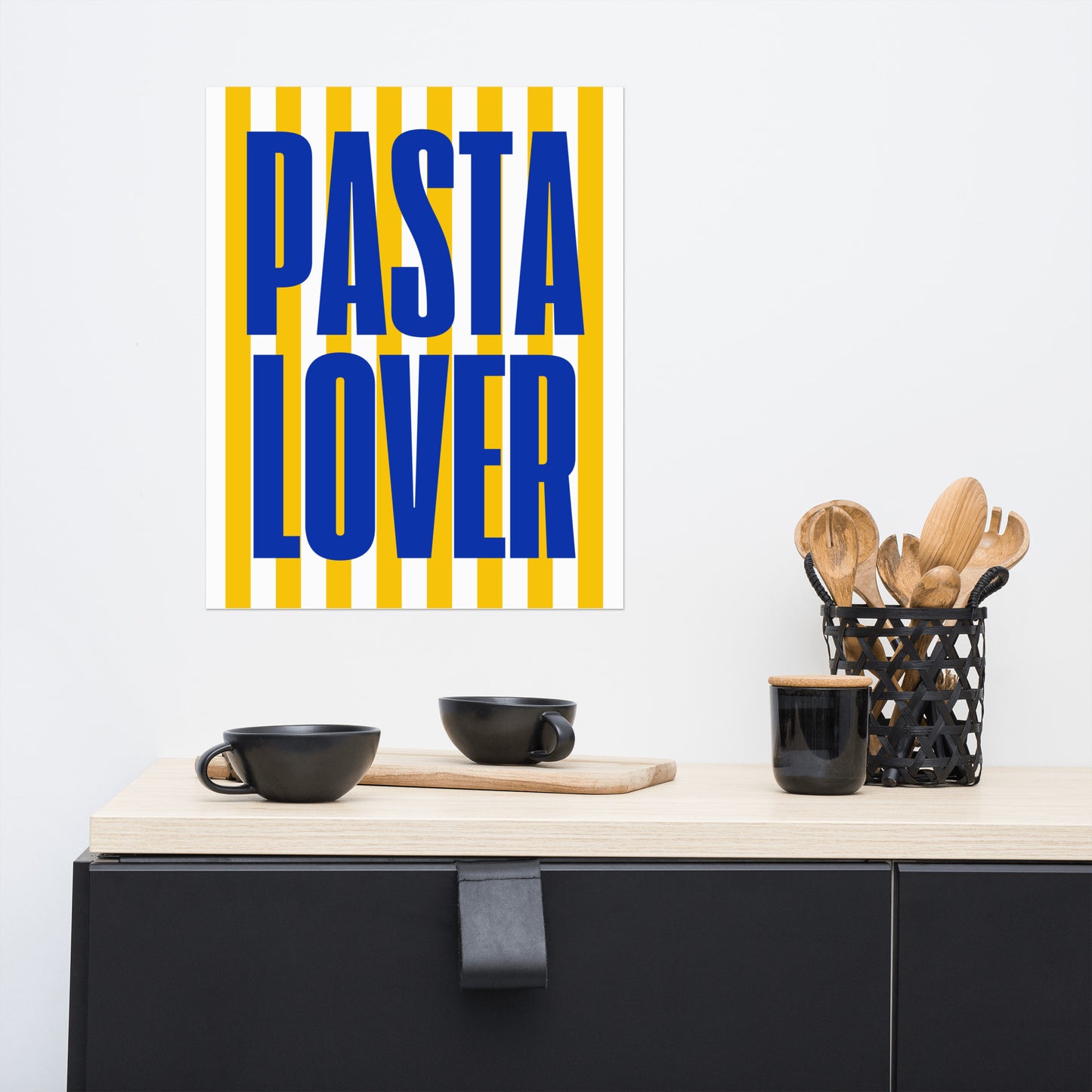 Pasta Lover typography poster with blue text on yellow striped background – kitchen wall art