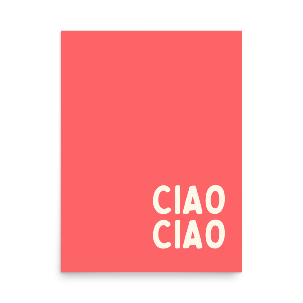 Ciao Ciao typography poster with coral red background – modern minimalist wall art