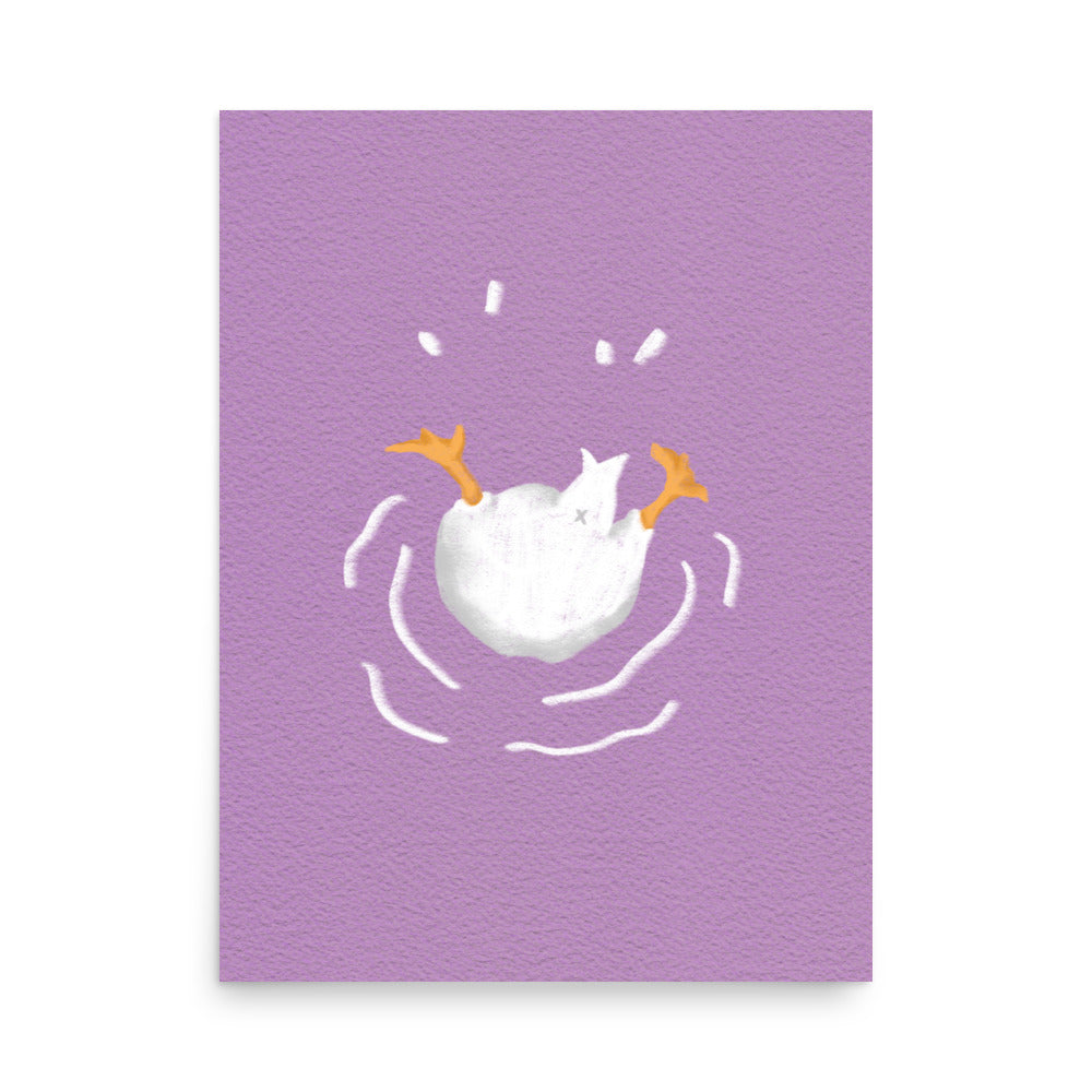 Upside-down goose poster on purple background with white goose legs up, playful unframed wall art print