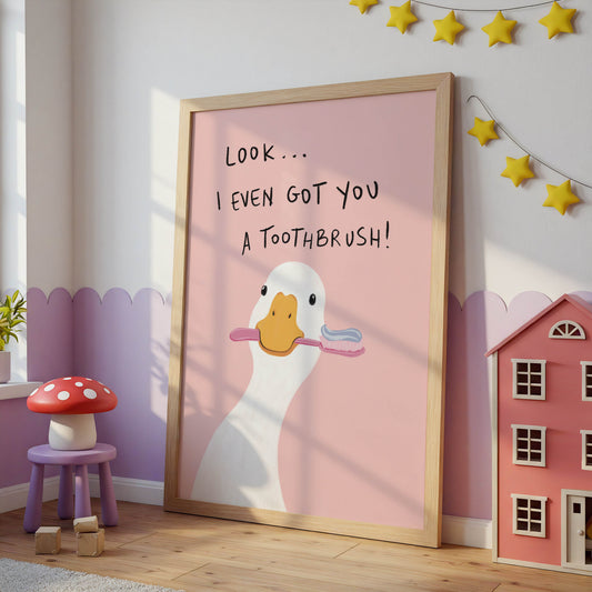 Funny Duck Toothbrush Bathroom Print