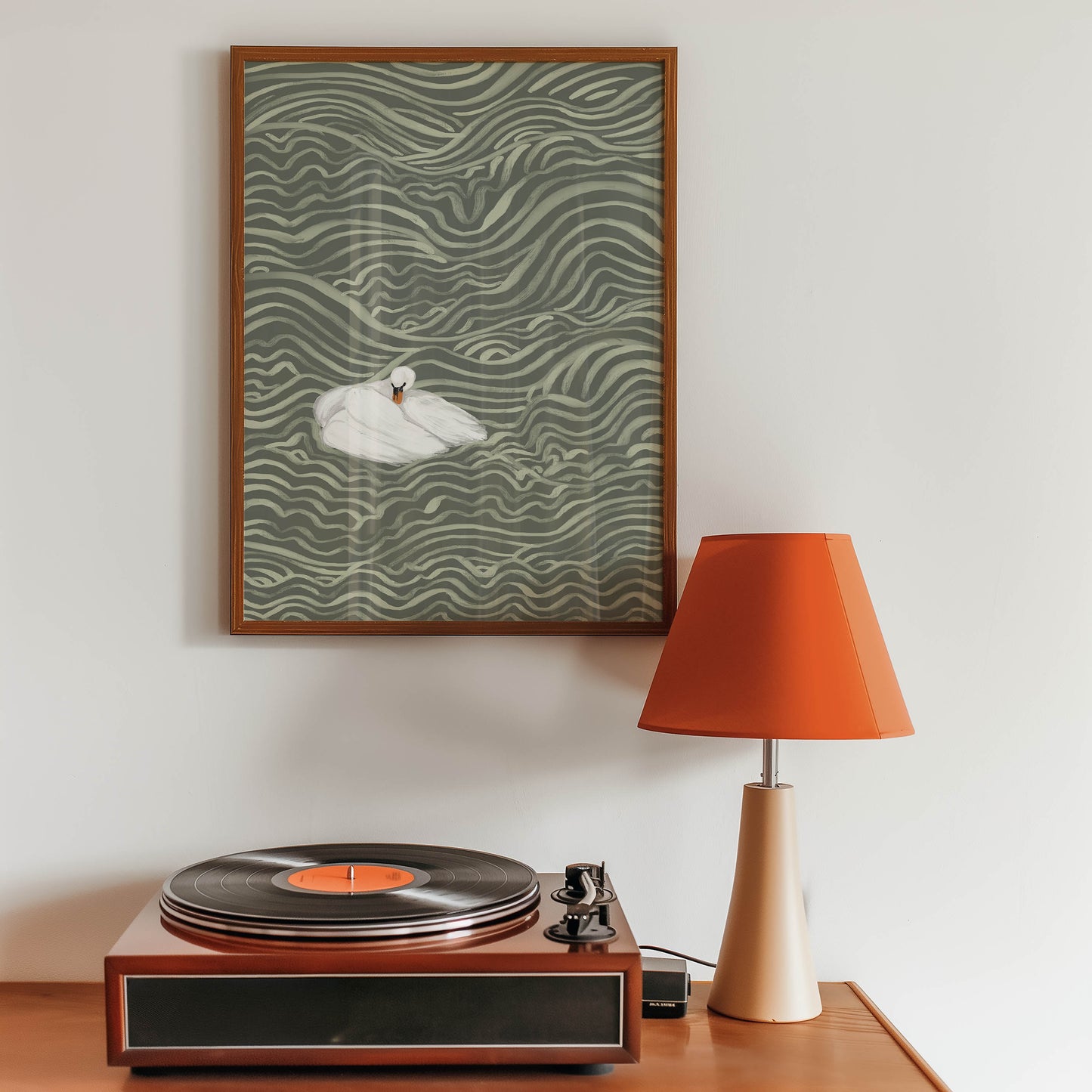 Swan in Sage Waves Art Print