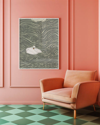 Swan in Sage Waves Art Print