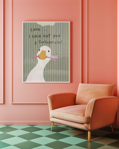 Duck With Toothbrush Bathroom Print