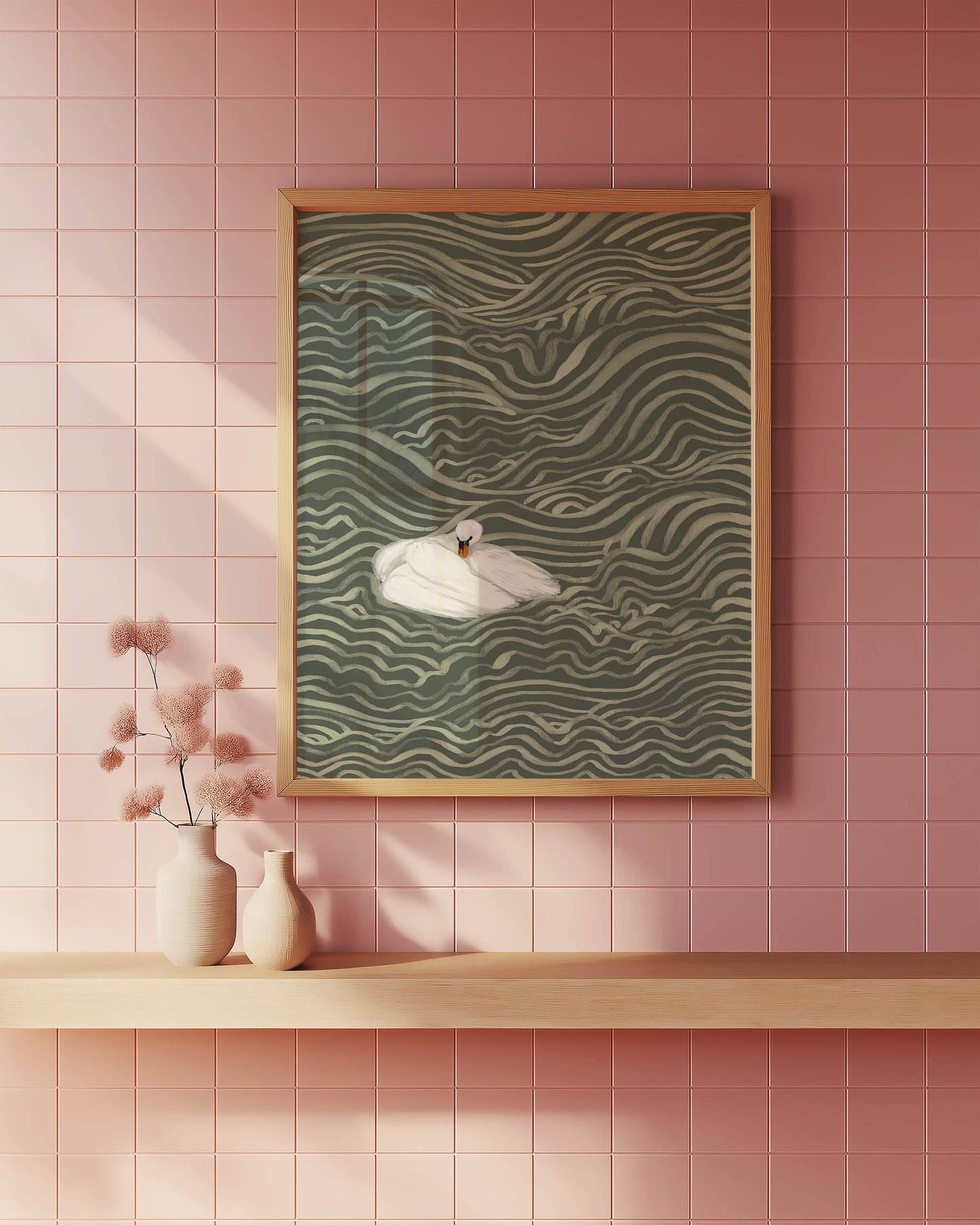 Swan in Sage Waves Art Print