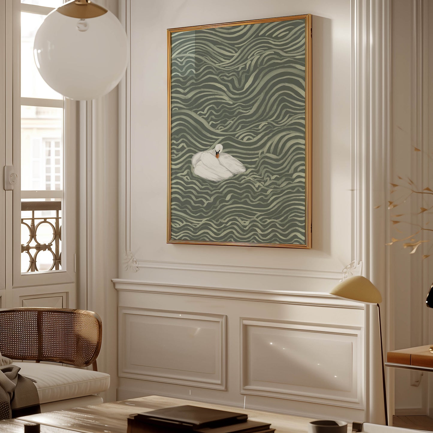 Swan in Sage Waves Art Print