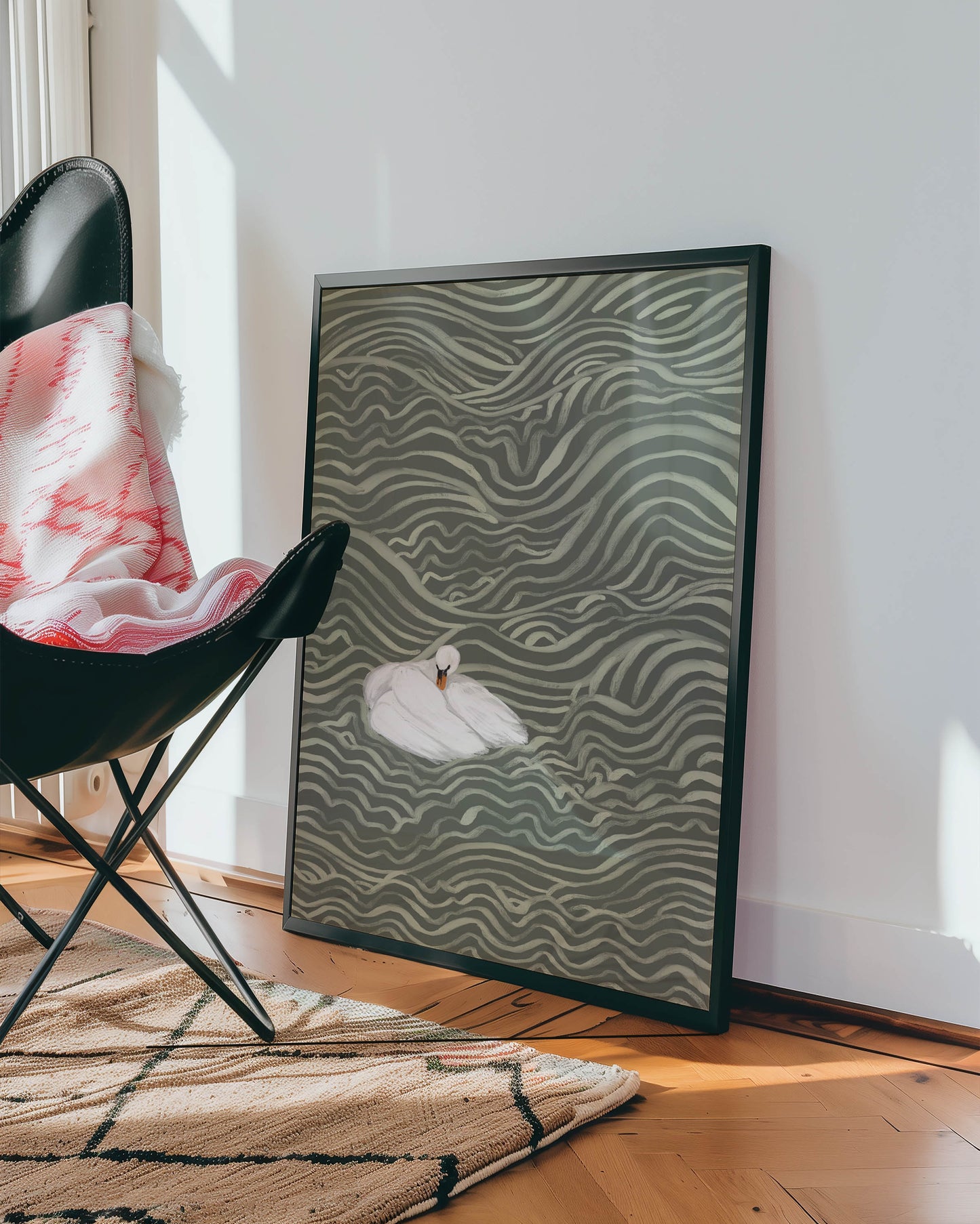 Swan in Sage Waves Art Print