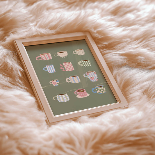 Coffee Cups Green Poster – Unframed Print
