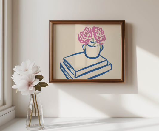 Pink Flowers on Books Art Print