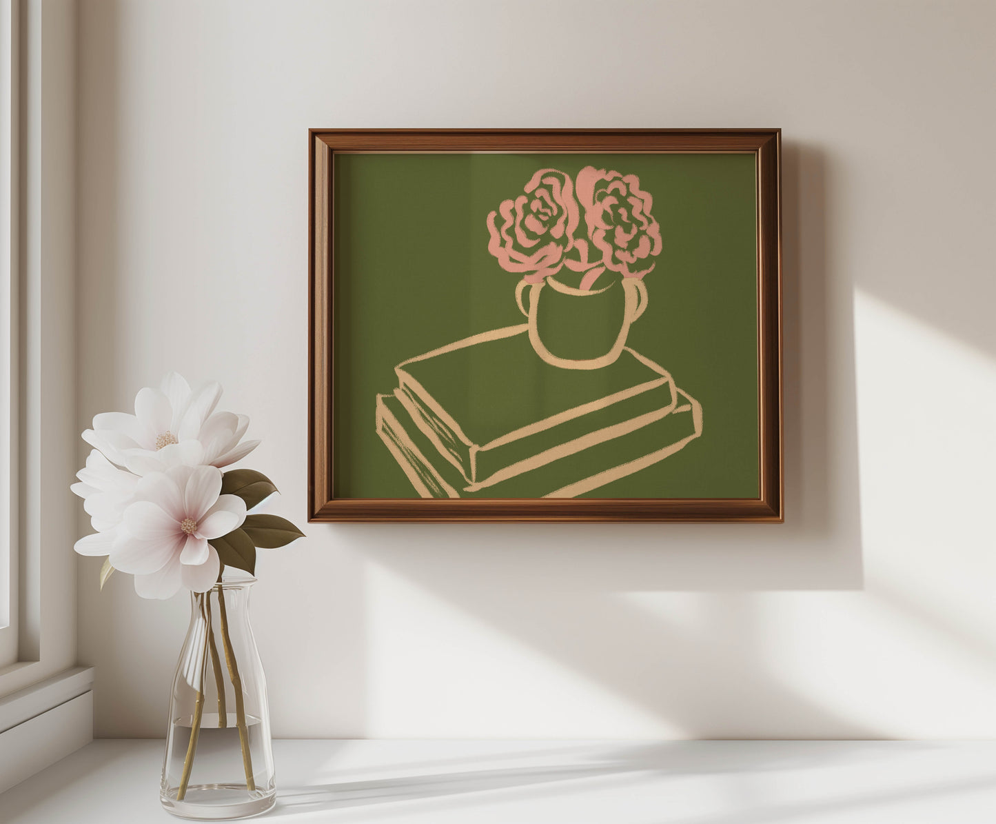 Pink Flowers & Books Art Print