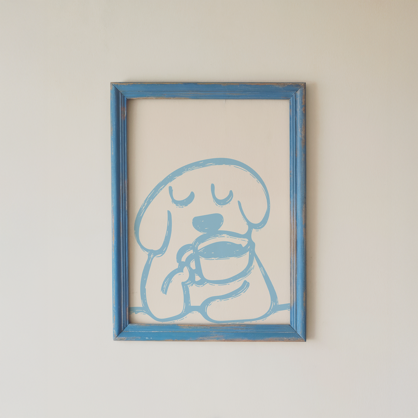 Dog Coffee Wall Art Minimal Blue Line Print