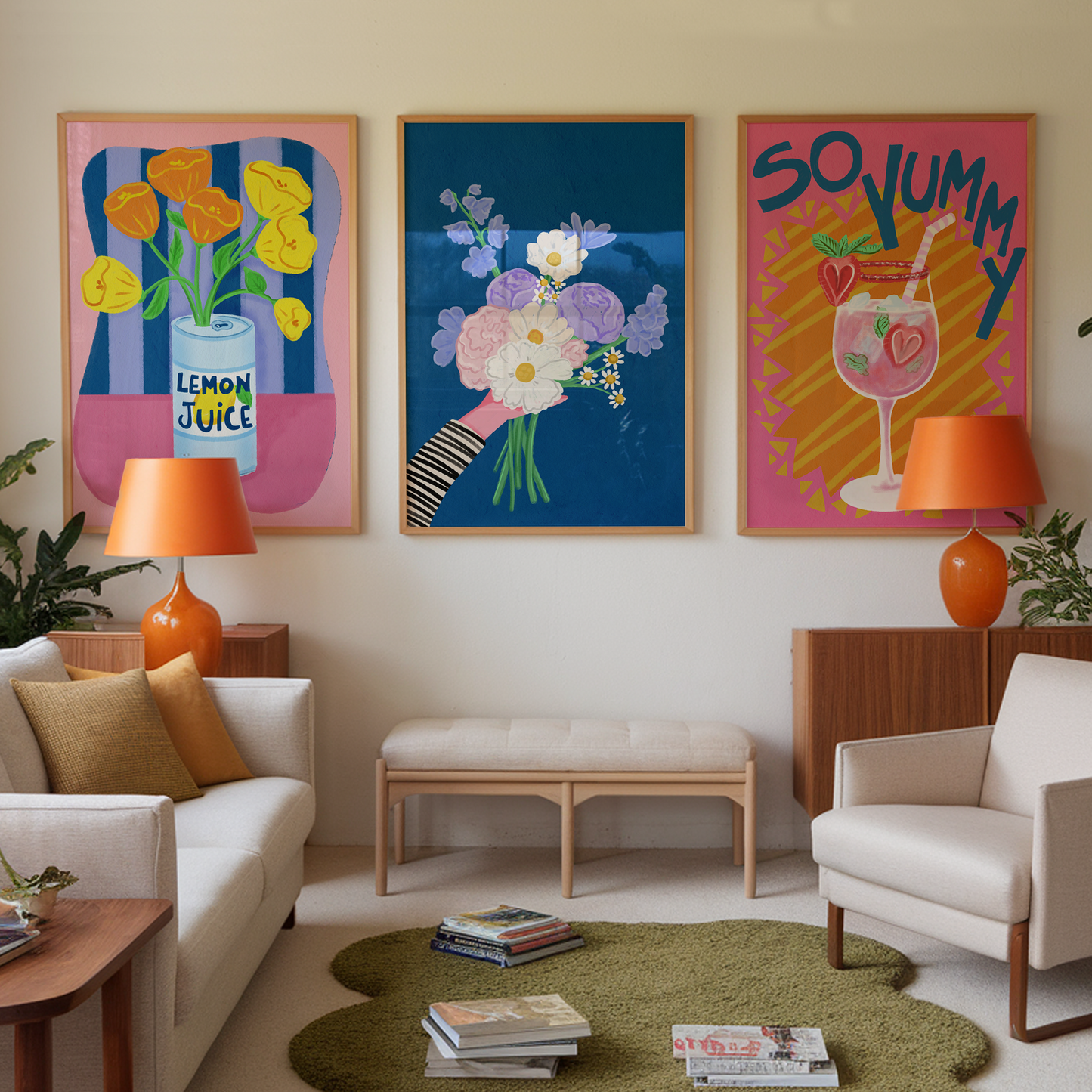 Colorful Modern Wall Art Print, Floral and Cocktail Designs