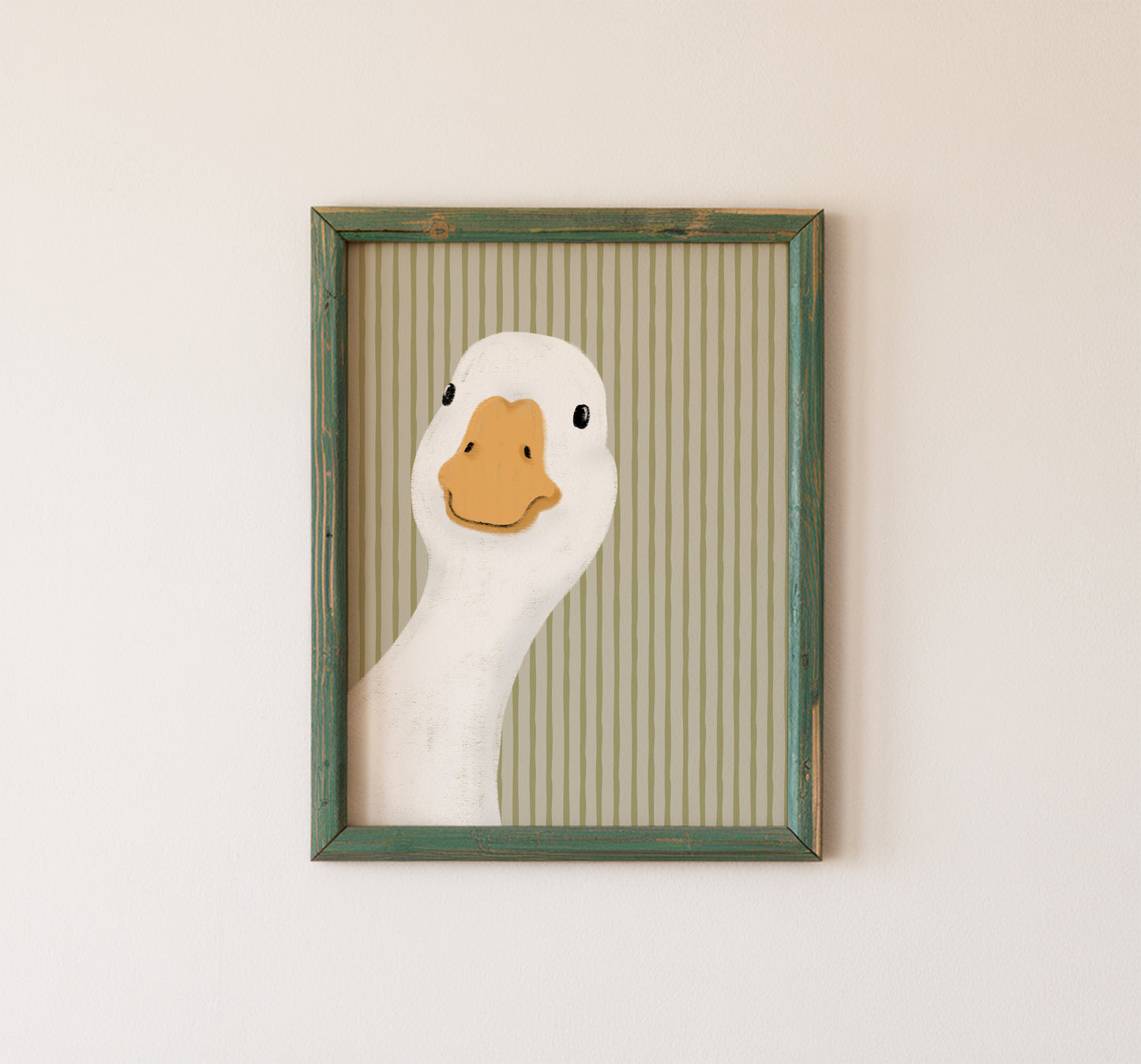 Funny Goose Wall Art Print Sage Green Striped Minimalist Decor