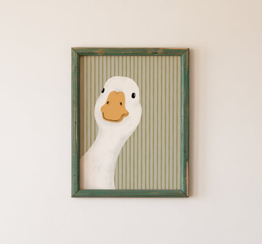 Funny Goose Wall Art Print Sage Green Striped Minimalist Decor