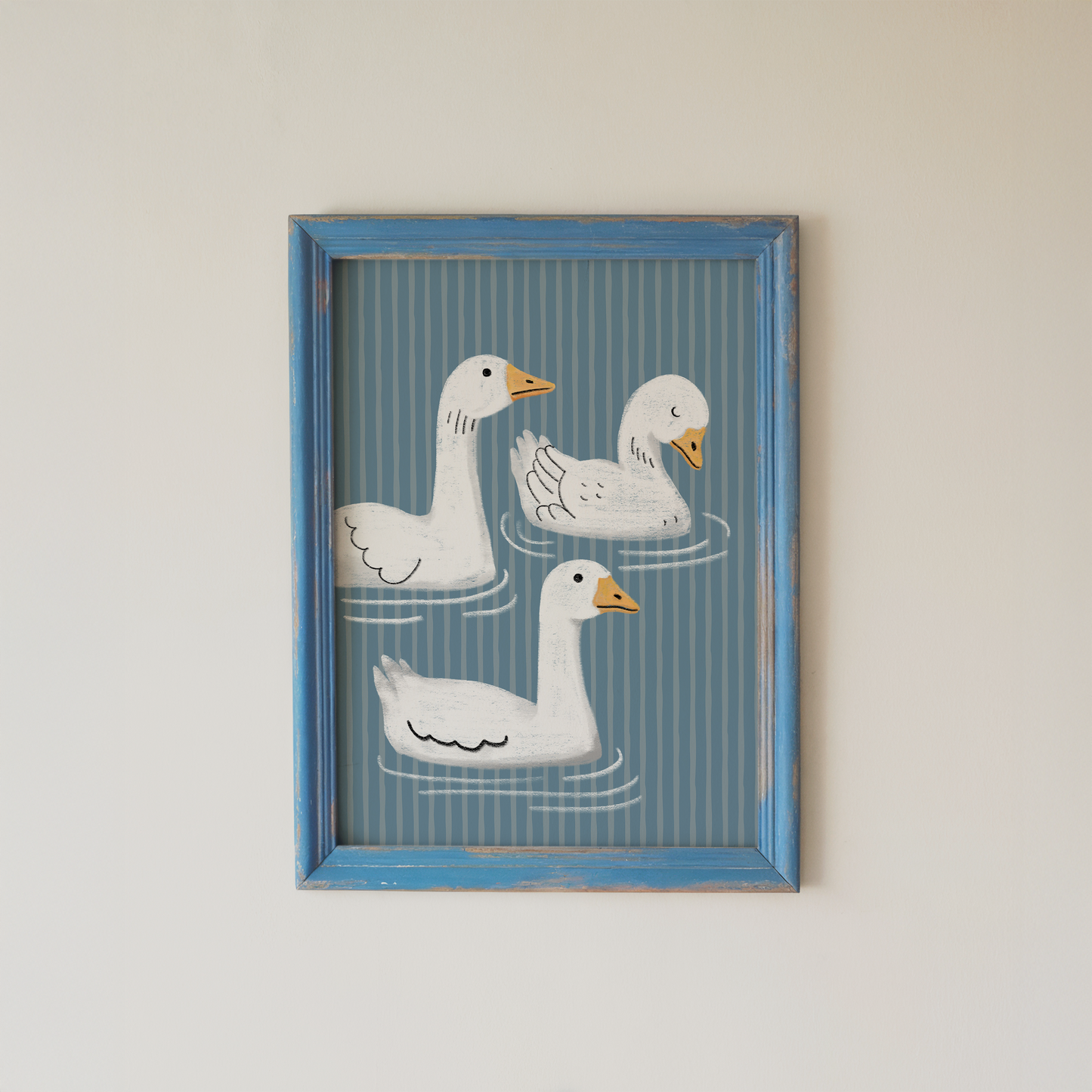 Goose Wall Art Print, Blue Striped Bathroom Decor