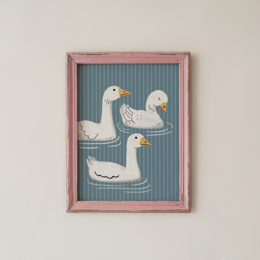 Goose Wall Art Print, Blue Striped Bathroom Decor