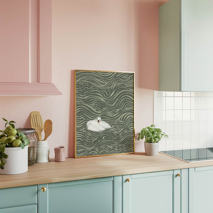 Swan in Sage Waves Art Print