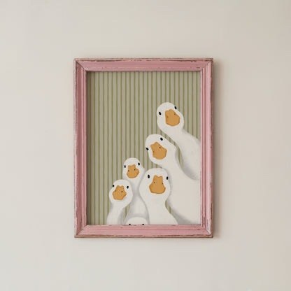 Cute Goose Family Wall Art Print Sage Green Striped Nursery Decor