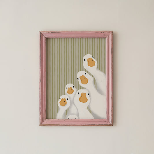 Cute Goose Family Wall Art Print Sage Green Striped Nursery Decor