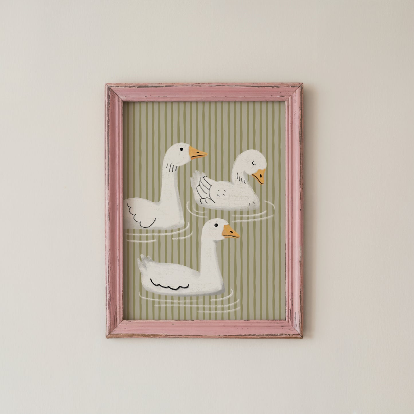 Cute Goose Wall Art Print Sage Green Stripes Whimsical Animal Decor