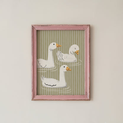 Cute Goose Wall Art Print Sage Green Stripes Whimsical Animal Decor