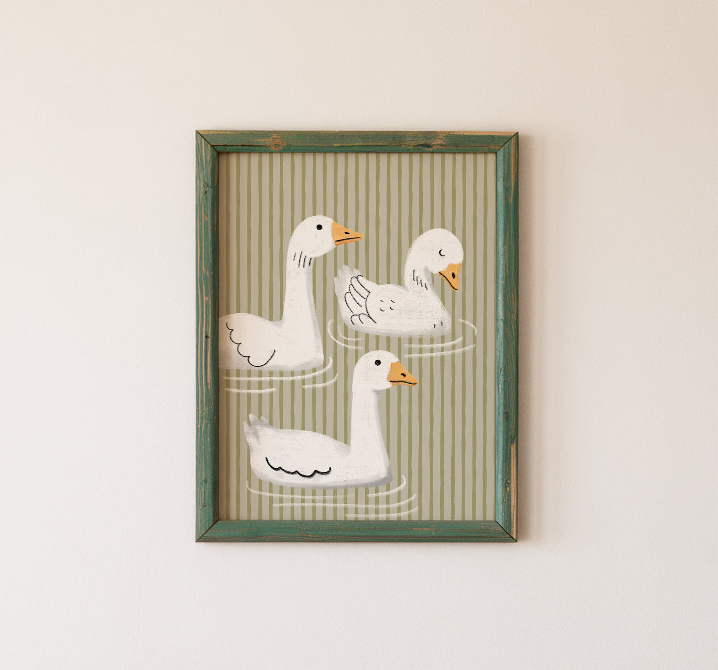 Cute Goose Wall Art Print Sage Green Stripes Whimsical Animal Decor