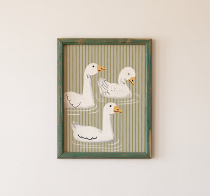 Cute Goose Wall Art Print Sage Green Stripes Whimsical Animal Decor