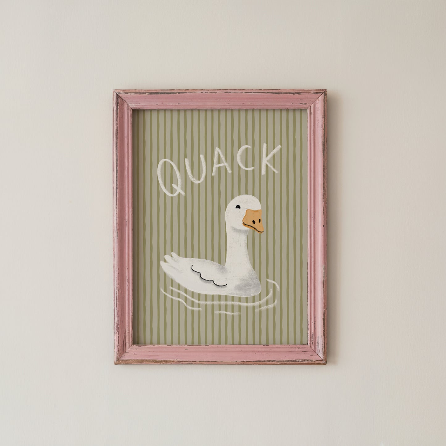 Funny Duck Wall Art Print Sage Green Stripes Cute Bathroom Decor