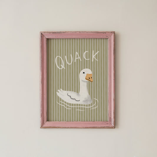 Funny Duck Wall Art Print Sage Green Stripes Cute Bathroom Decor