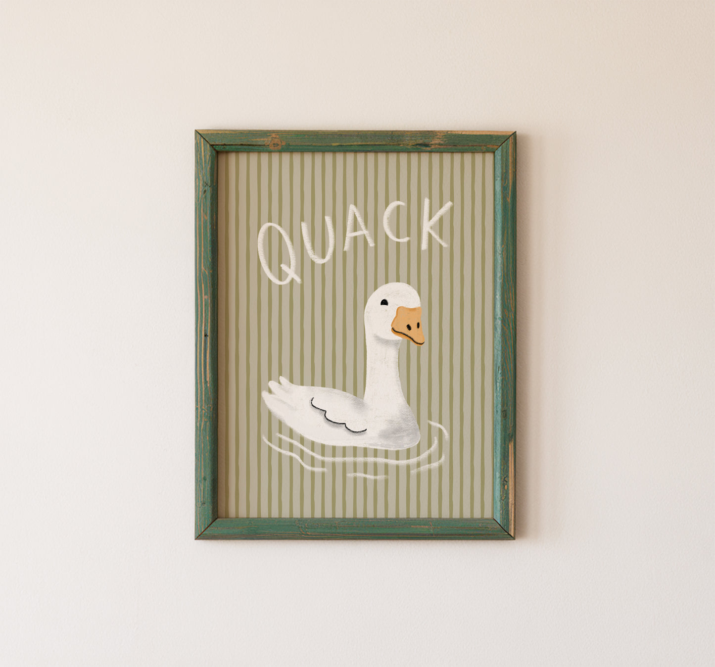 Funny Duck Wall Art Print Sage Green Stripes Cute Bathroom Decor