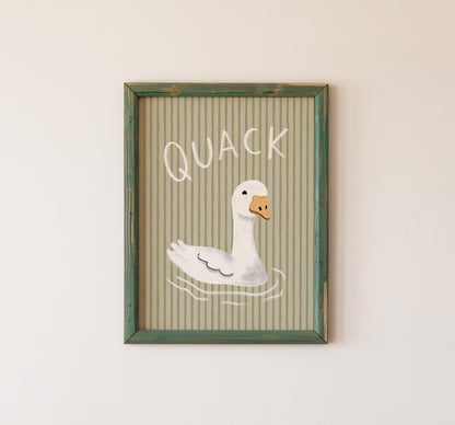 Funny Duck Wall Art Print Sage Green Stripes Cute Bathroom Decor
