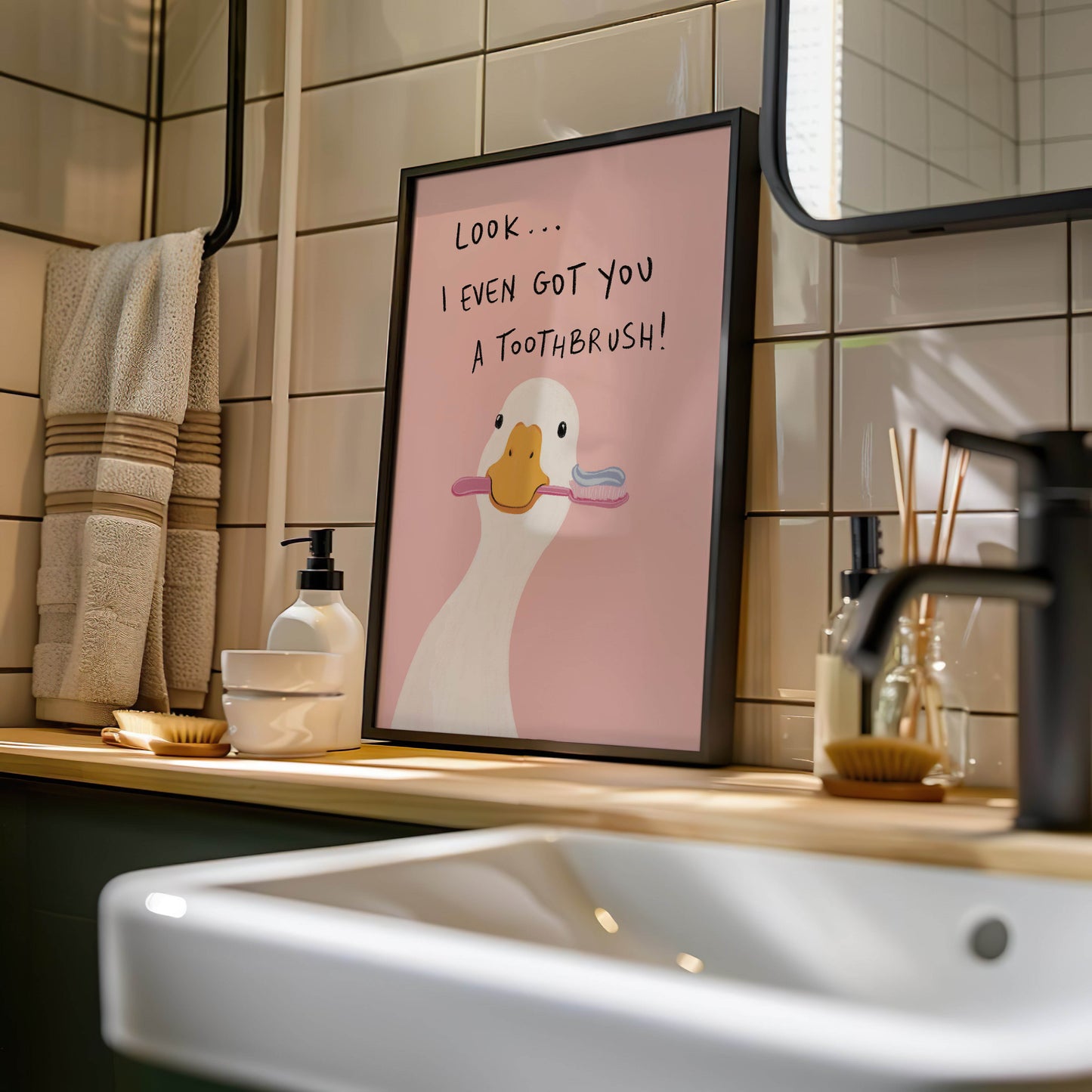 Funny Duck Toothbrush Bathroom Print
