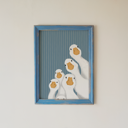 Goose Wall Art Print, Funny Farmhouse Blue Striped Decor